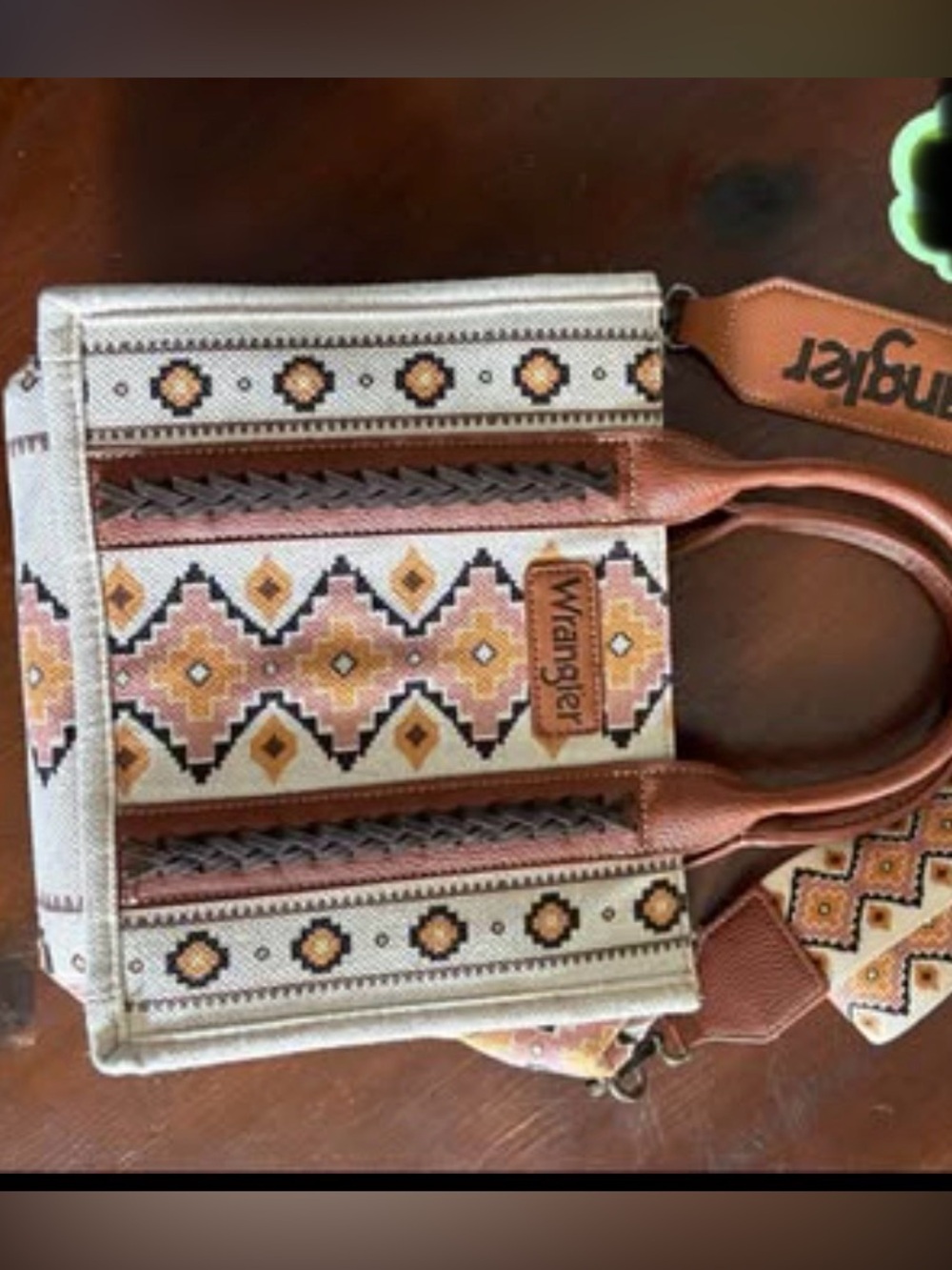 Wrangler Southwestern Beige and Tan Patterned Tote with Leather Handles